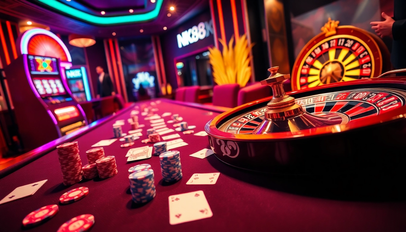Experience the thrill of gambling at NK88 with a captivating casino scene featuring vibrant chips and cards.