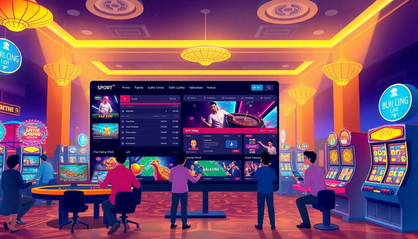 F8bet online betting platform interface showcasing various gaming options and enthusiastic players in a vibrant casino setting.