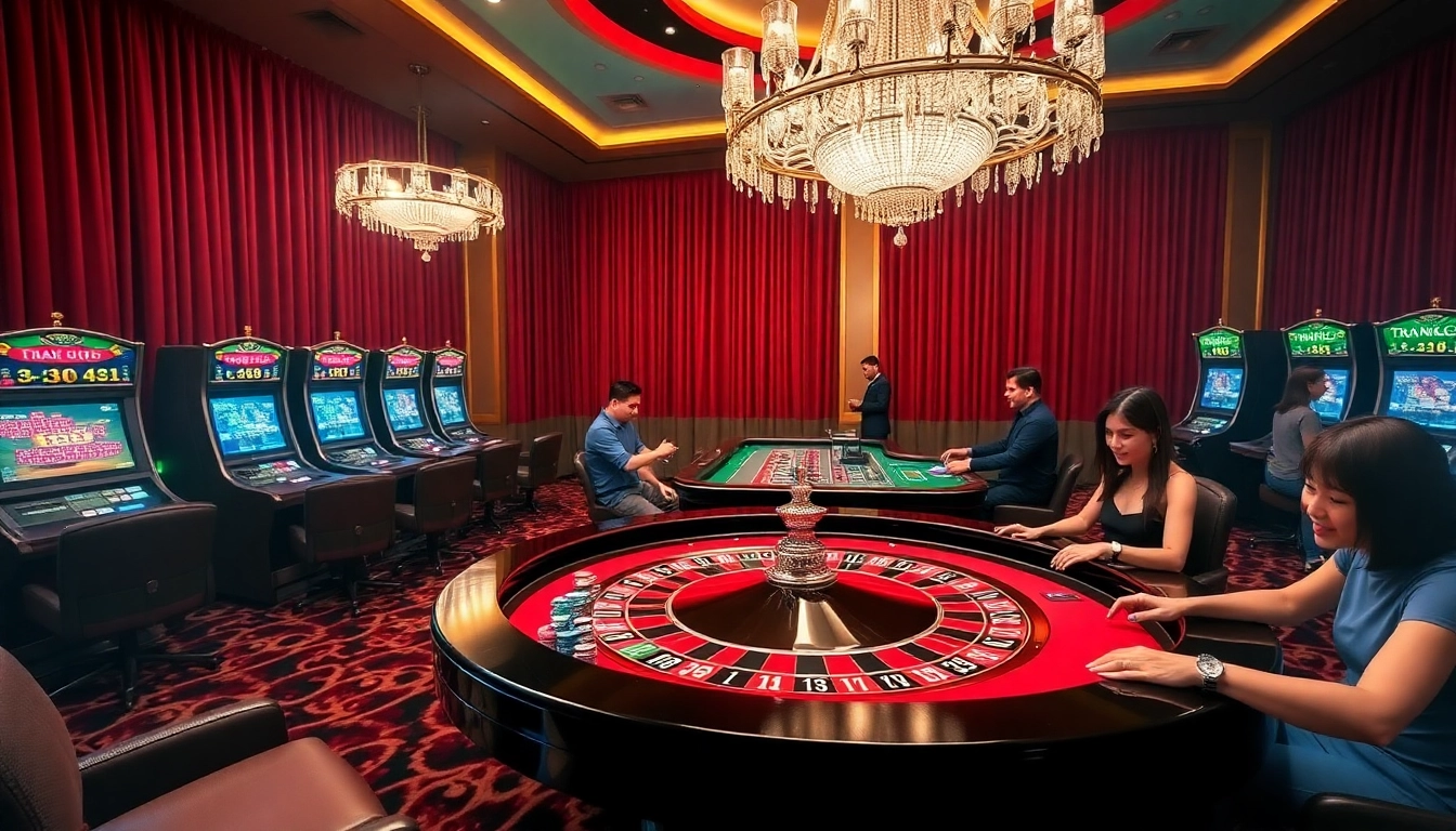 Engaging players at TRANG CHỦ LC88 enjoying an exciting game at the vibrant casino.