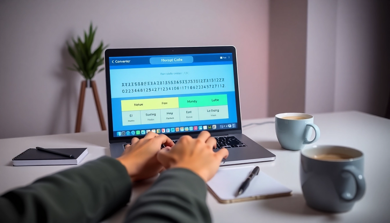 Engaging user interacting with a Morse code converter on a modern laptop in a stylish workspace.