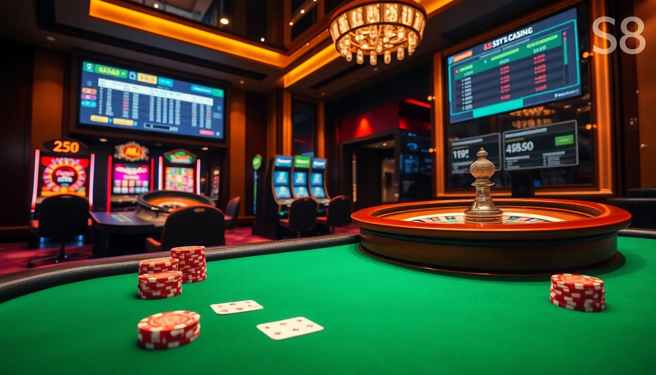 A vibrant online casino scene showcasing gaming excitement at S8.com with roulette, poker chips, and slot machines.