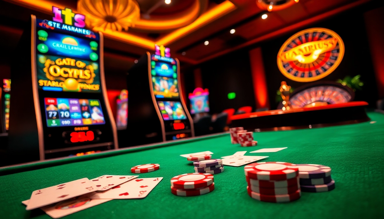 Players enjoying thrilling games on the idnslot platform in a glamorous casino setting.