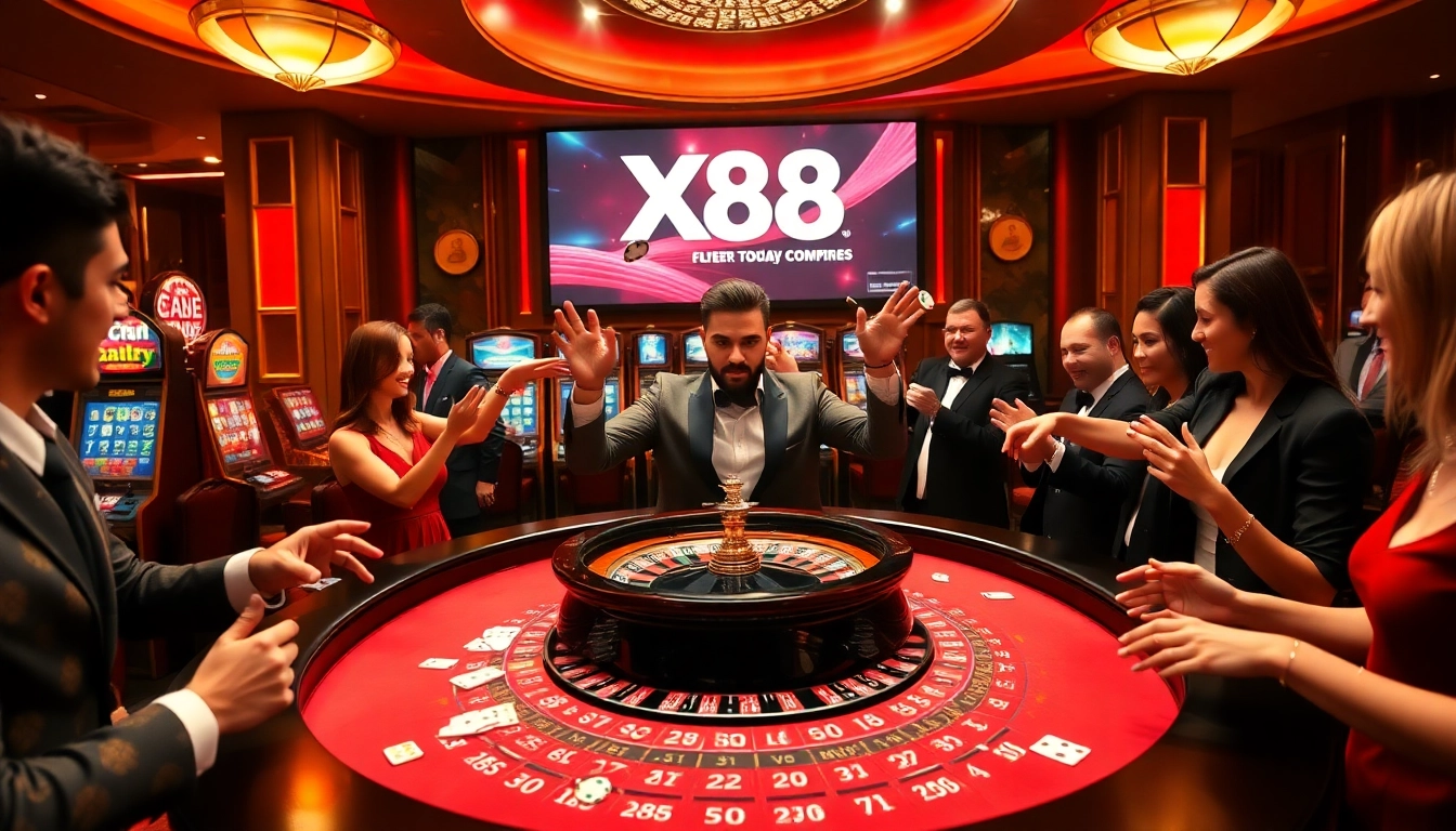 X88 casino scene featuring players enjoying roulette and slot machines with vibrant colors.