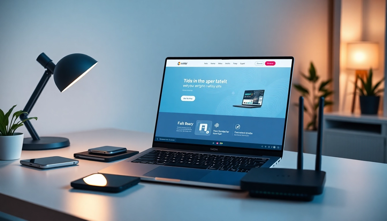 在现代家庭办公环境中，一台时尚的笔记本电脑上显示着快连官网，展示创新科技与生产力。