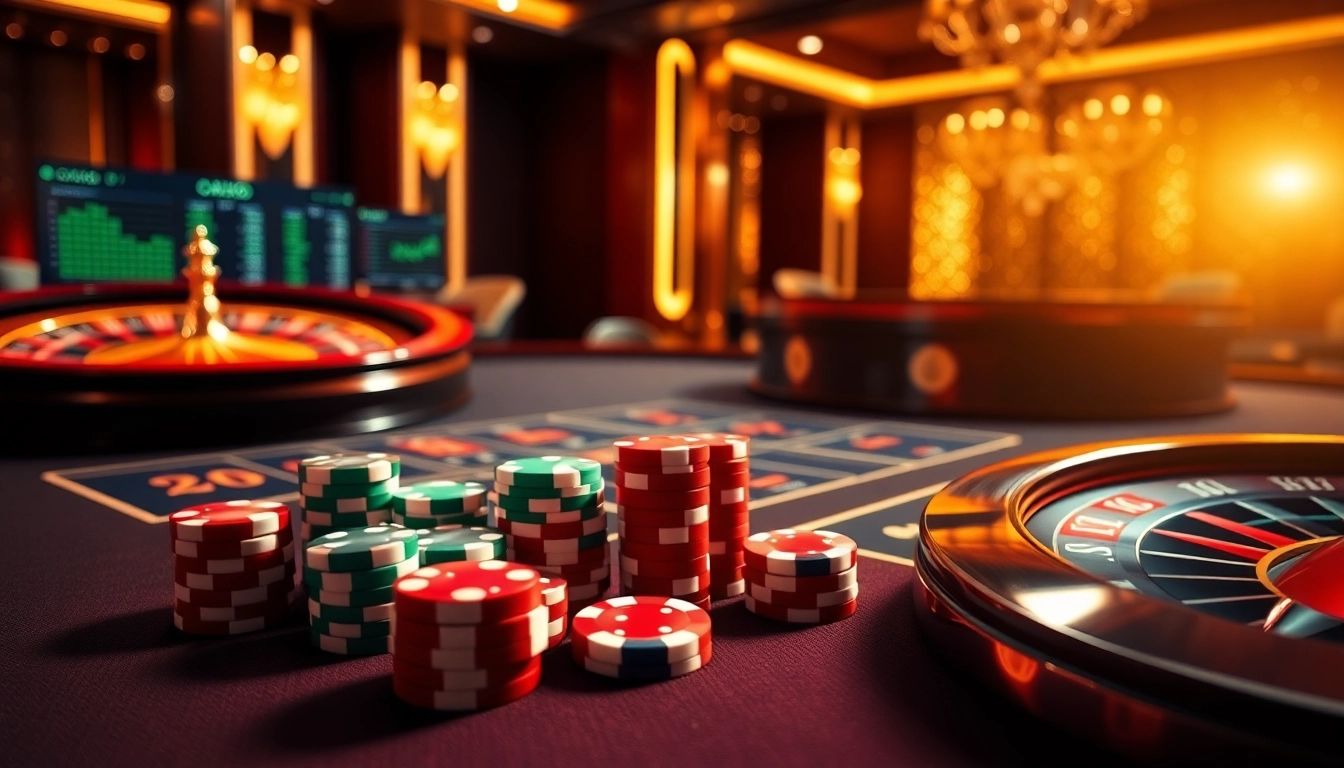 Experience the thrill of gaming at trang chủ rr89 with an elegant casino setting featuring poker chips and roulette.