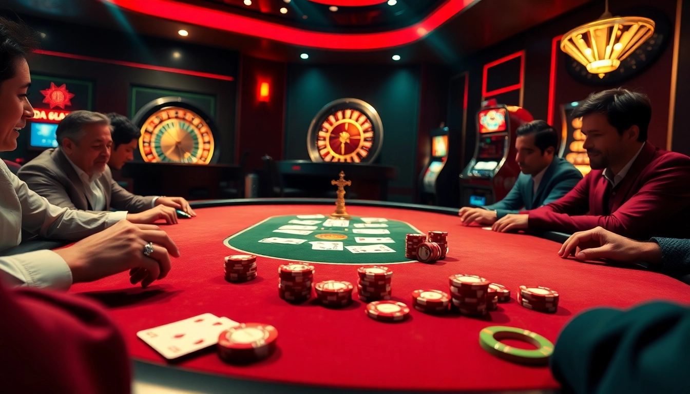 Players engaging at a luxurious poker table with chips and cards, inspired by da88 casino vibes.