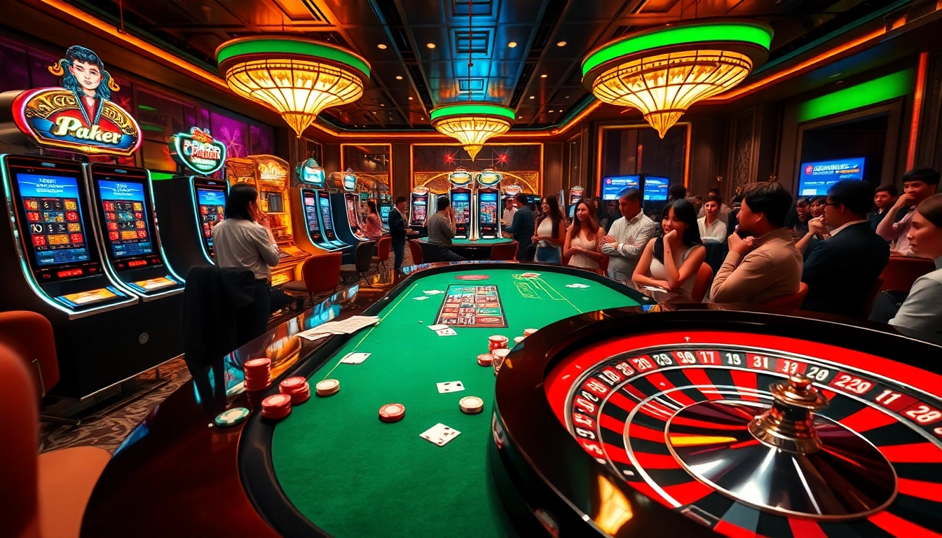 The excitement at a luxurious casino featuring vibrant slot machines and a roulette wheel, showcasing 789P's thrilling gambling experience.