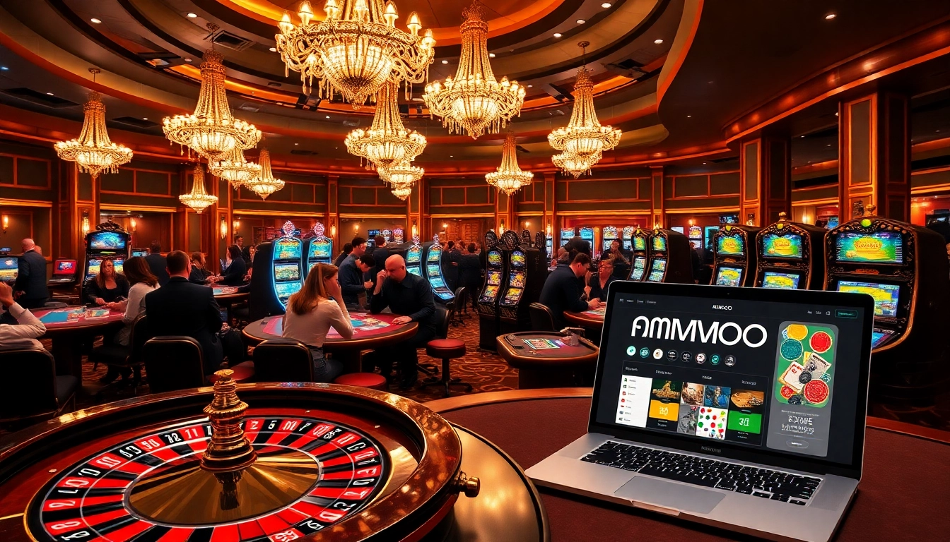 Players enjoying high-stakes games at MMOO casino, featuring roulette and poker tables.