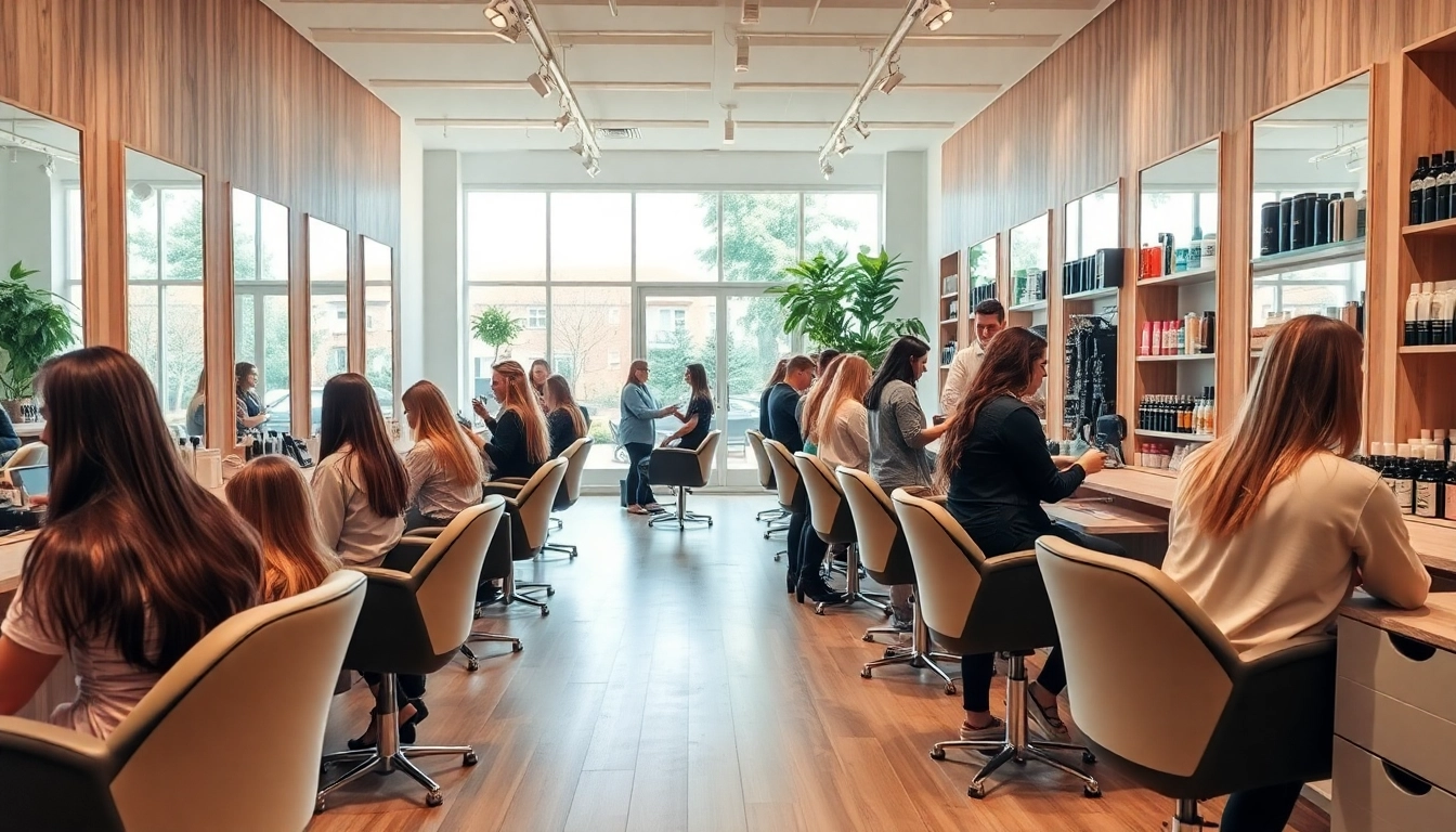 Coiffeur près de moi, vibrant salon scene with professional hairstylists and happy clients.