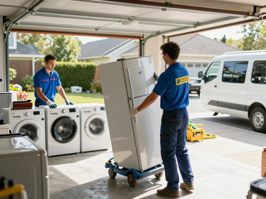 Efficient appliance removal with a team member lifting a refrigerator during a garage cleanout.