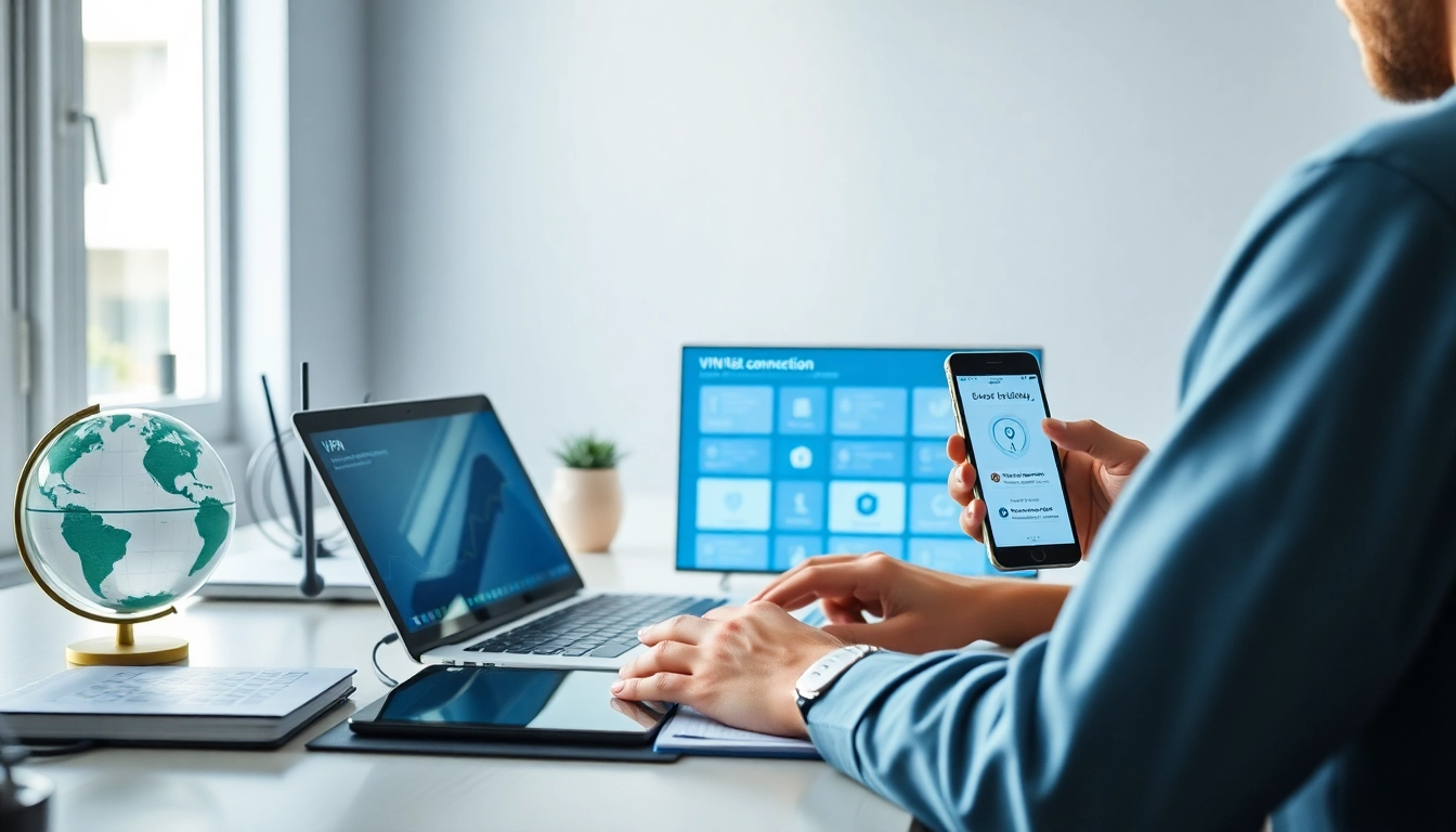 用户在明亮、现代化的工作空间中跨多台设备无缝访问 快连官网 VPN。