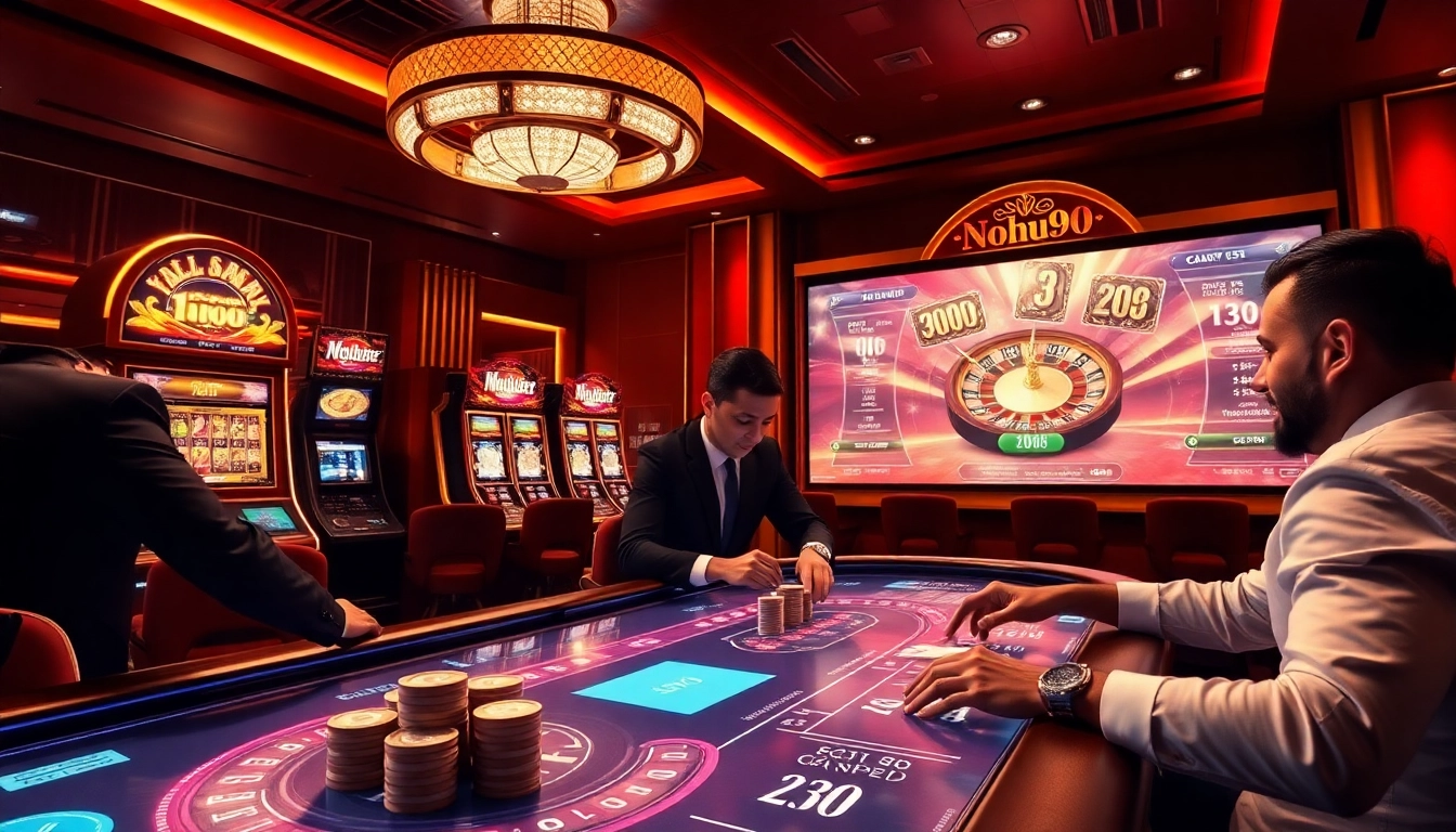 Nohu90 casino scene with vibrant slot machines and professional gamblers placing bets.