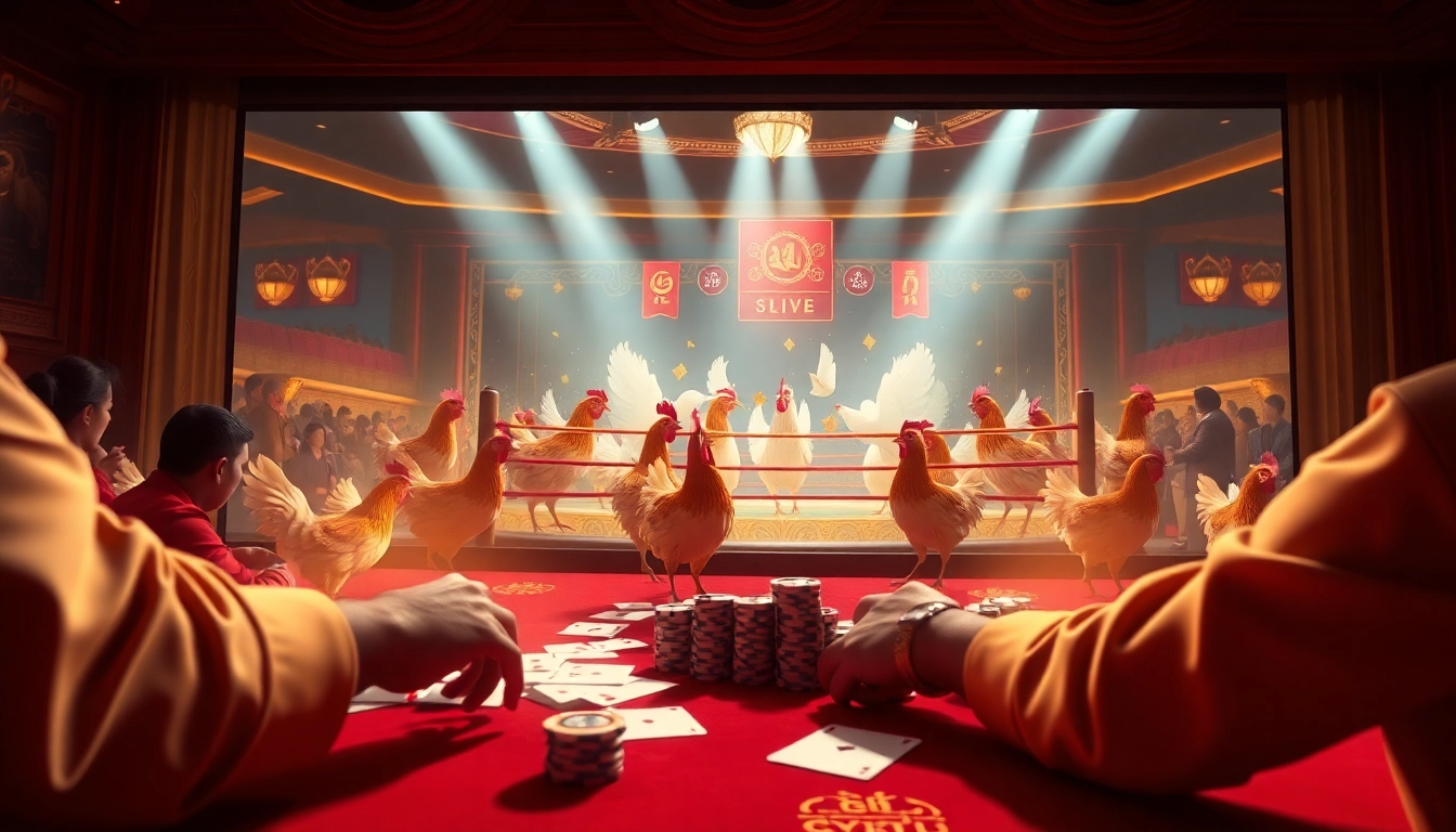 Engaging scene depicting gamers enjoying đá gà trực tiếp while placing bets in a vibrant online casino environment.