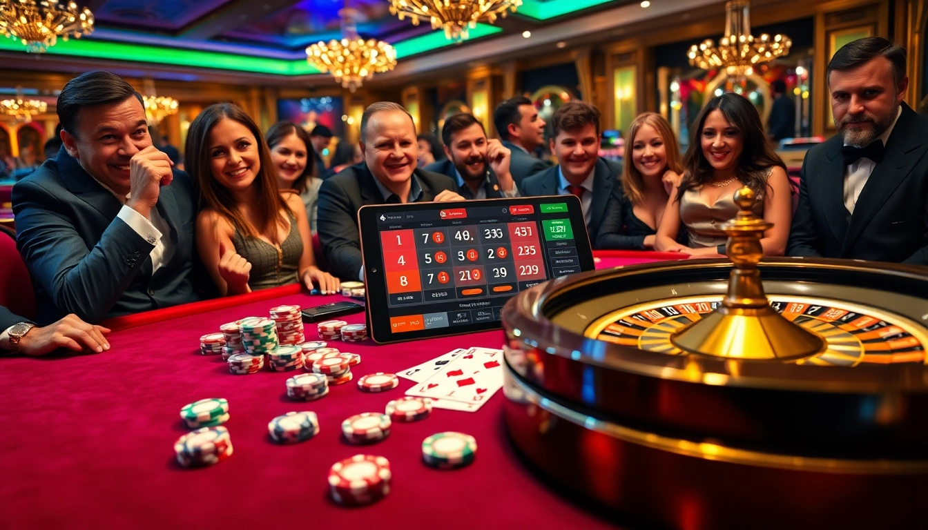 Experience the excitement of 33win at a luxurious casino with cards, roulette, and enthusiastic players.