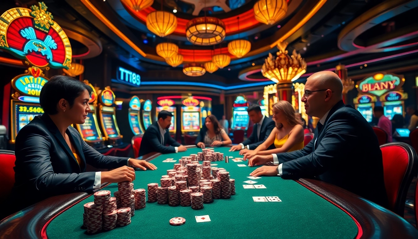 Experience high-stakes poker action at TT88's luxurious casino tables filled with vibrant players.