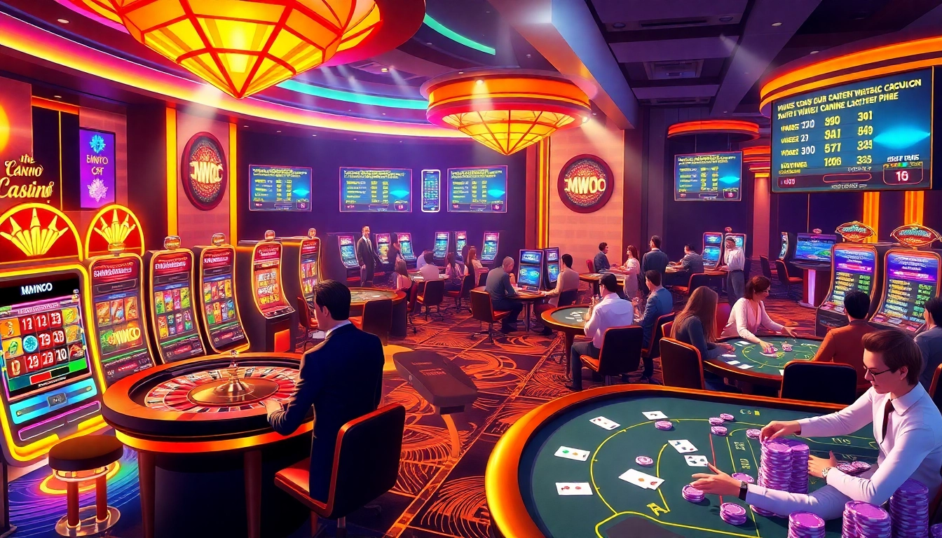 Players enjoying a thrilling MMOO casino experience with vibrant slot machines and lively roulette tables.