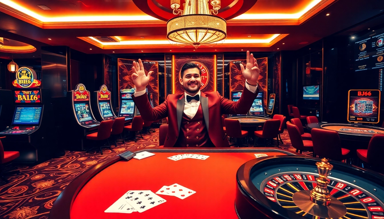 Winning at a BJ66 casino game with colorful poker chips and vibrant slot machines.