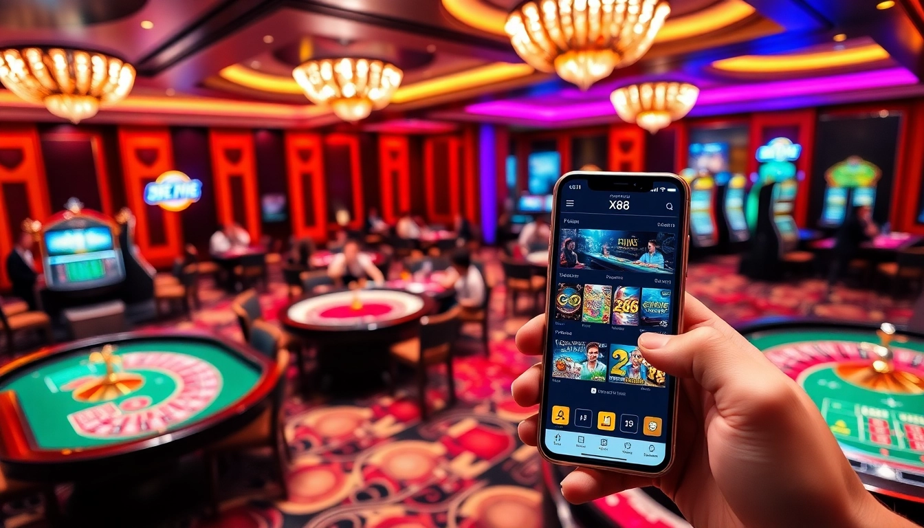 X88 platform shown on a smartphone with poker tables and vibrant casino elements