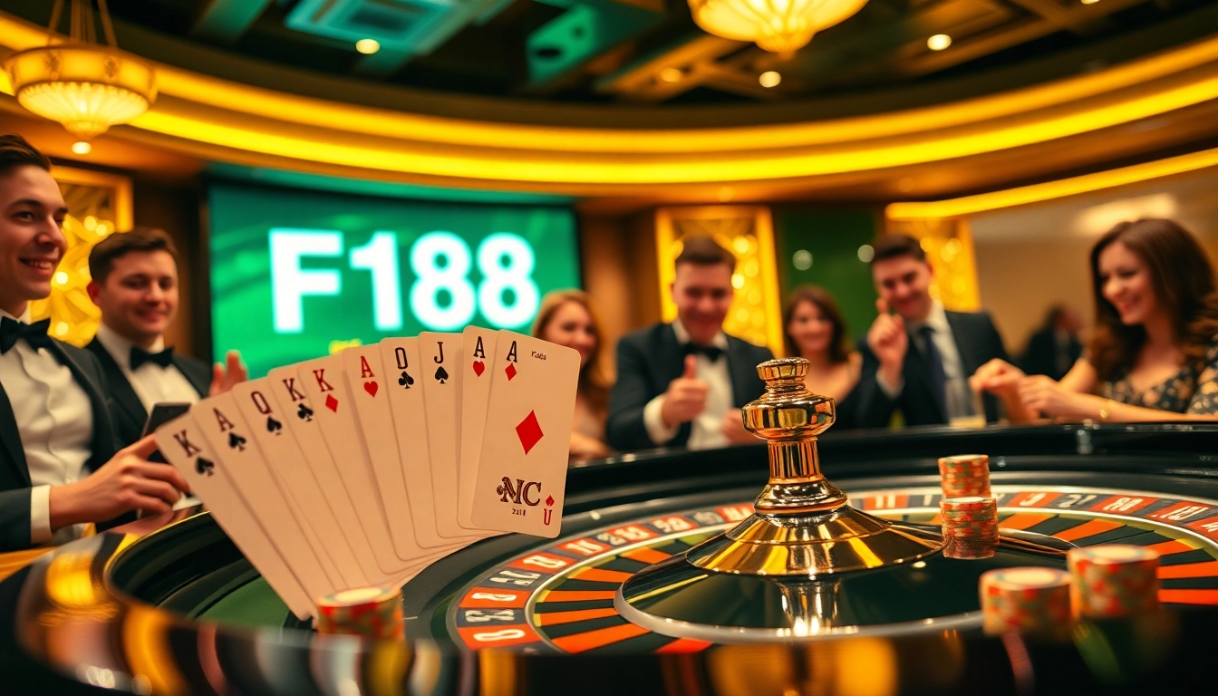 Players enjoying a thrilling game at F168 roulette table, surrounded by poker chips and cards.