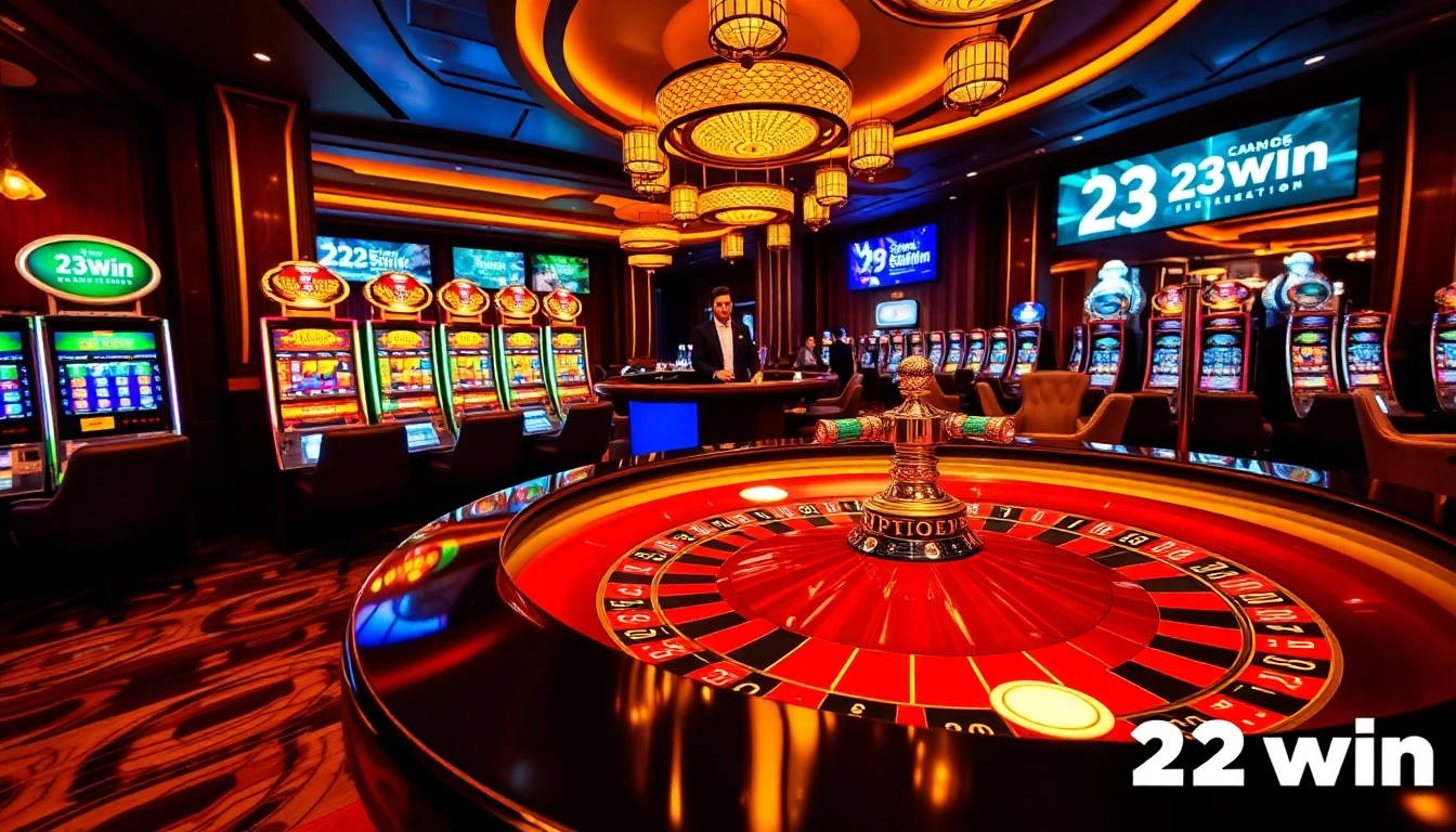 Engage in thrilling gaming action at 23win's luxurious casino, featuring roulette, poker, and vibrant slot machines.