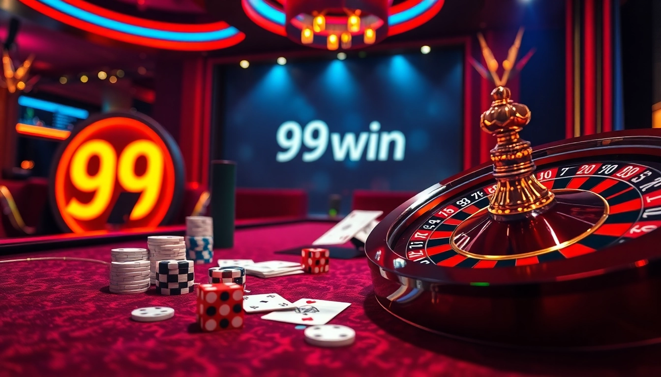 Visualize a vibrant casino with 99win branding, showcasing poker chips and a roulette wheel in action.