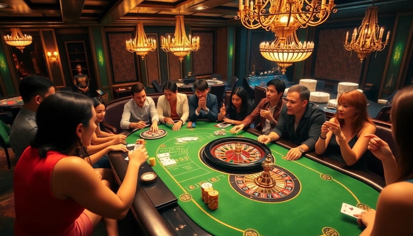 Players enjoying a thrilling game at the Luck8 casino table with vibrant poker chips and cards.