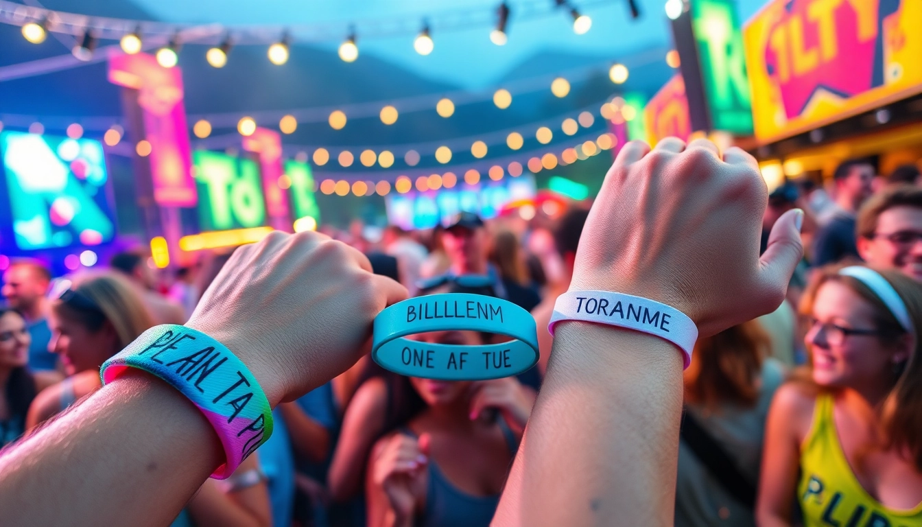 Personalisierte Festival-Armbänder, getragen von fröhlichen Besuchern bei einem Open-Air-Festival.