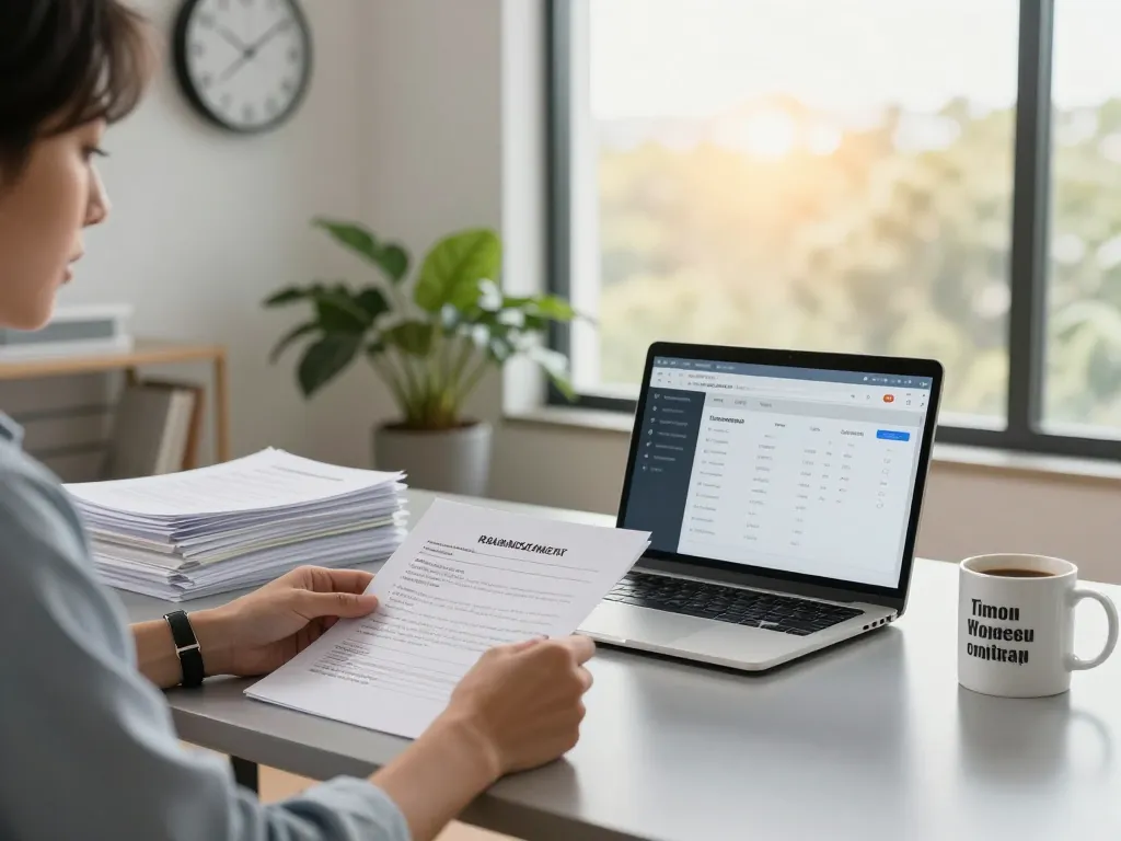 Espace de travail efficace pour la gestion locative avec logiciel gestion locative gratuit affiché sur l'écran d'un ordinateur portable, documents organisés et lumière naturelle.