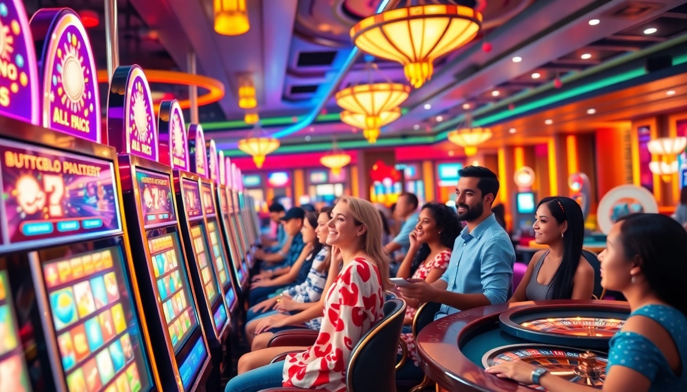Players enjoying the excitement of pen4d slot machines in a vibrant casino atmosphere.
