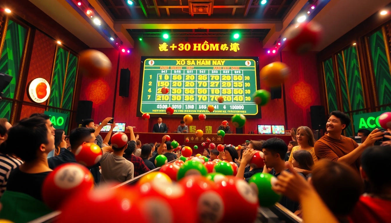 Xổ số hôm nay: Exciting lottery drawing with audience anticipation and winning numbers display.