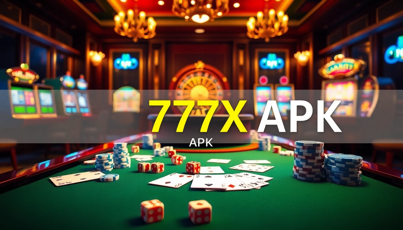 Experience thrilling gameplay with 777X APK highlighted in a dynamic casino setting filled with poker chips and roulette wheels.