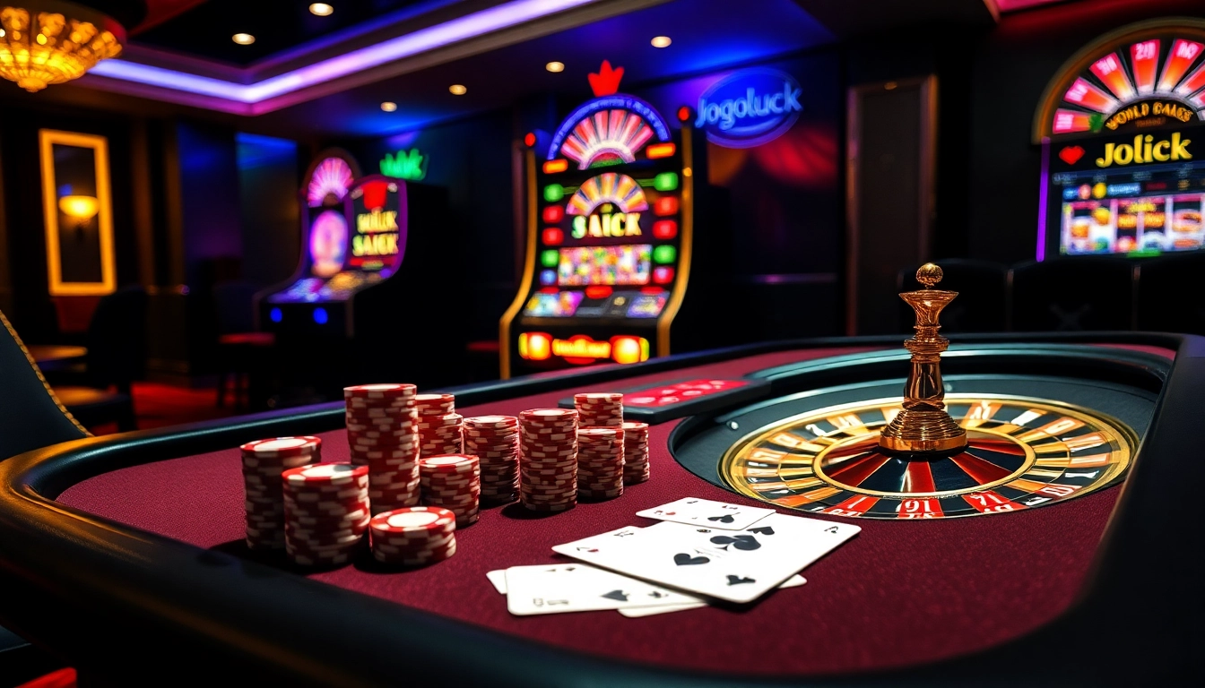 Experience the thrill of gambling at Jogoluck with a vibrant casino scene featuring poker and roulette.