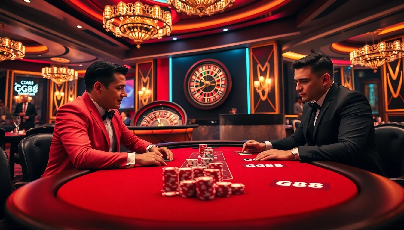 Experience high-stakes excitement at GG88's luxurious poker table with elegant players.