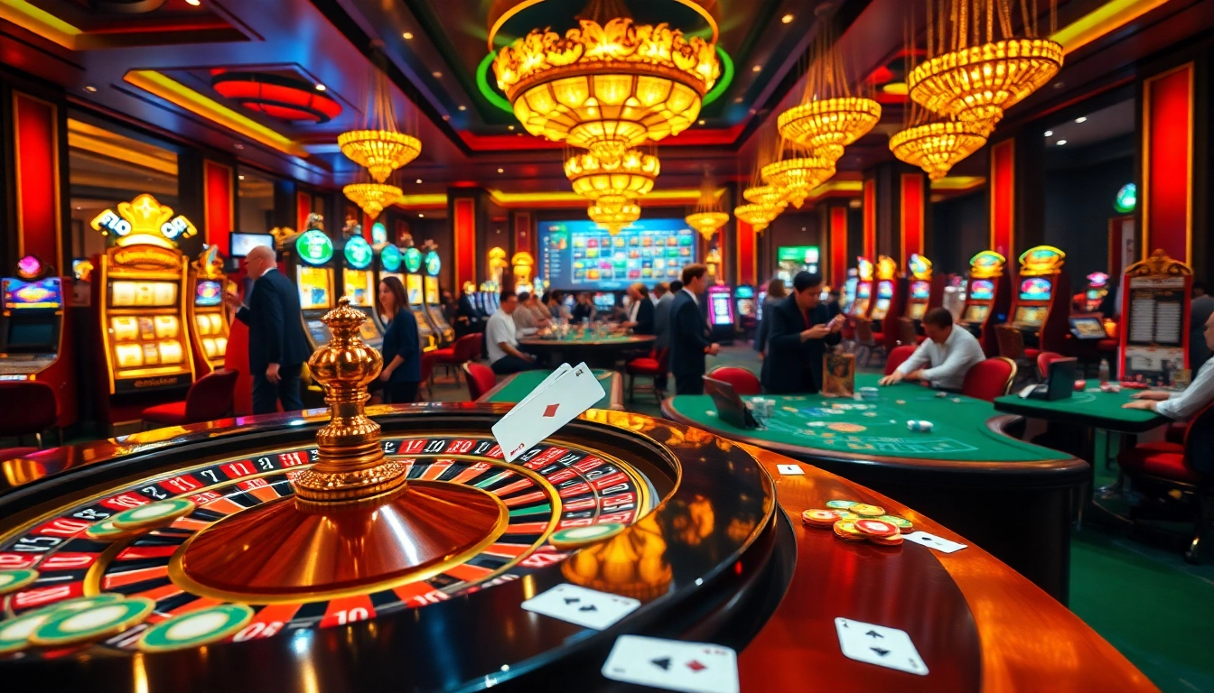 Xổ số hôm nay: Exciting casino environment with players at roulette tables and colorful machines.