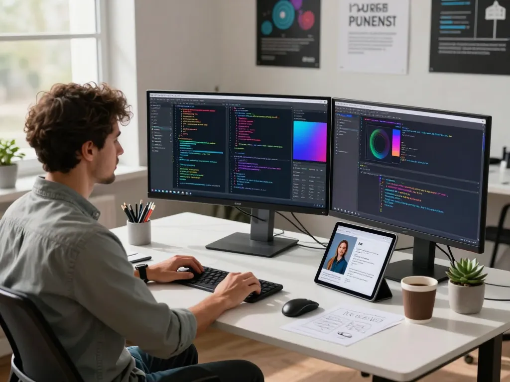 Dynamic workspace illustrating image to prompt ai application with a developer analyzing code and AI-generated images.