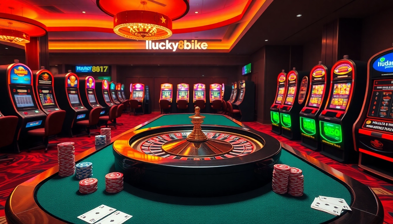 A vibrant casino scene with roulette, poker chips, and online gambling featuring https://lucky88.bike/ in a professional setting.