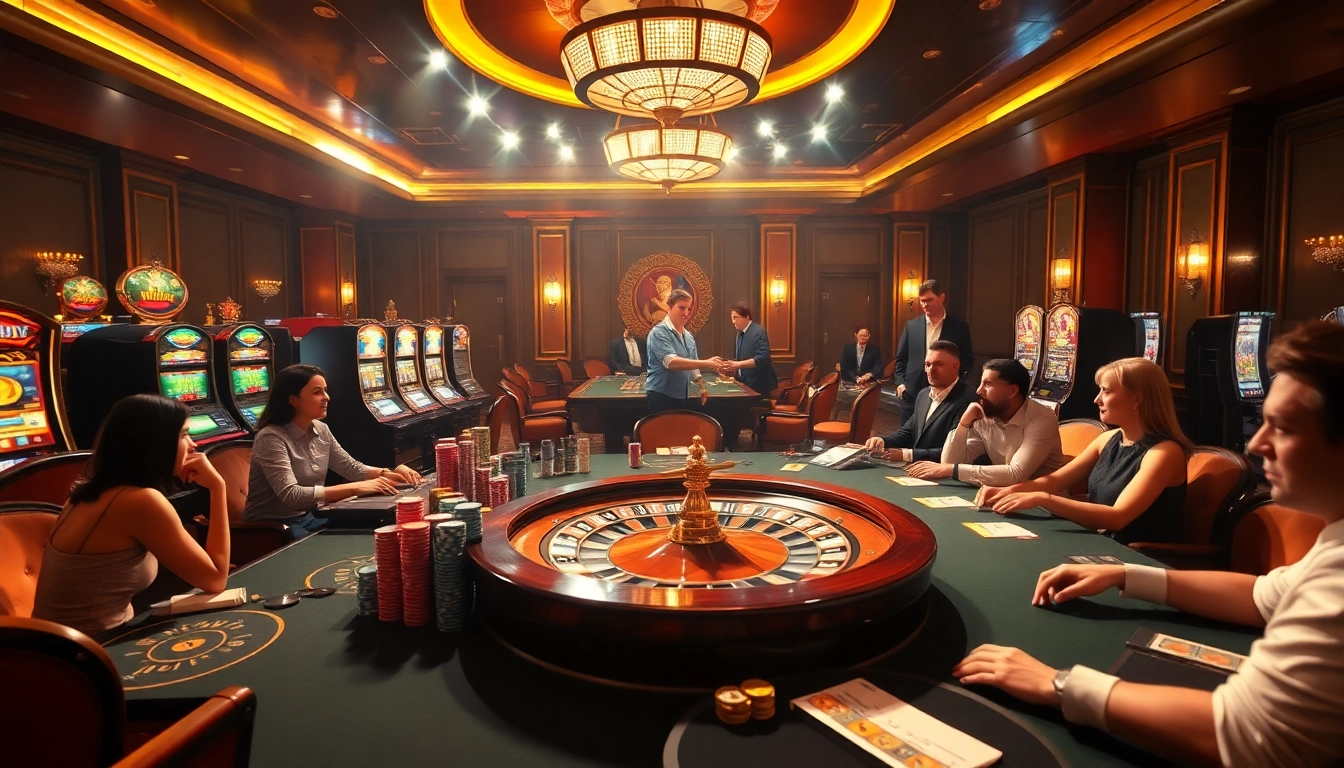 Excited players at a luxurious casino table featuring VSWIN gambling elements.