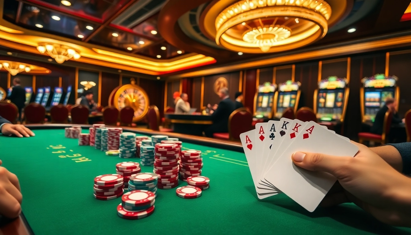 Playing poker at https://go8.ae.org/ with professional players in an elegant casino setting.