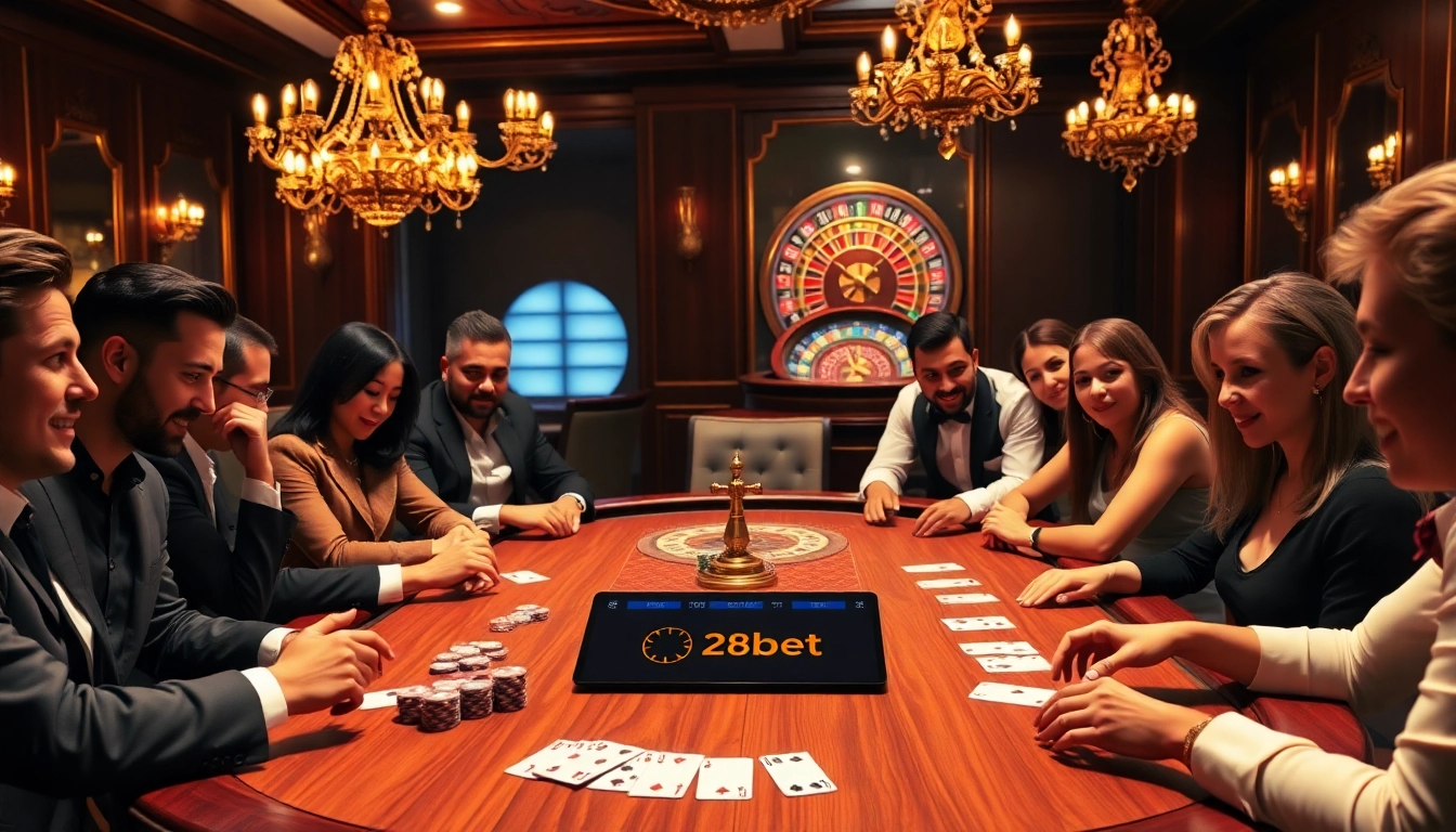 Experience high-stakes poker at 28bet luxury casino, with vibrant chips and spinning roulette.