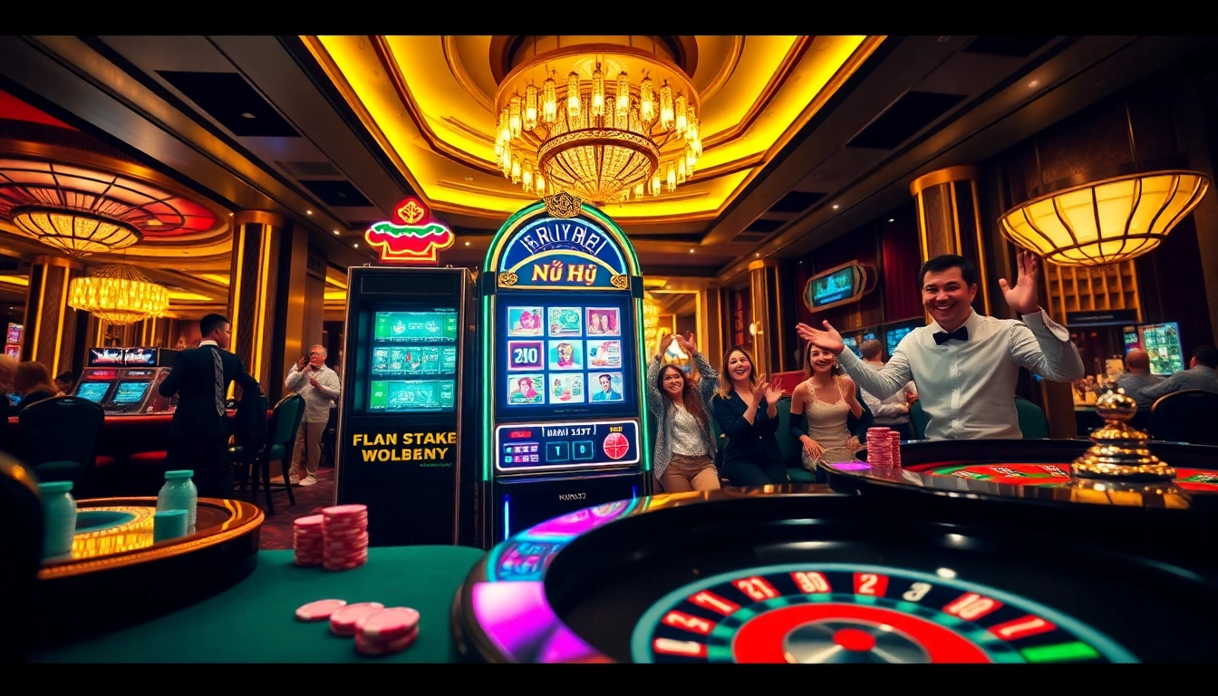 Nổ Hũ slot machine surrounded by festive casino atmosphere with excited players at tables.