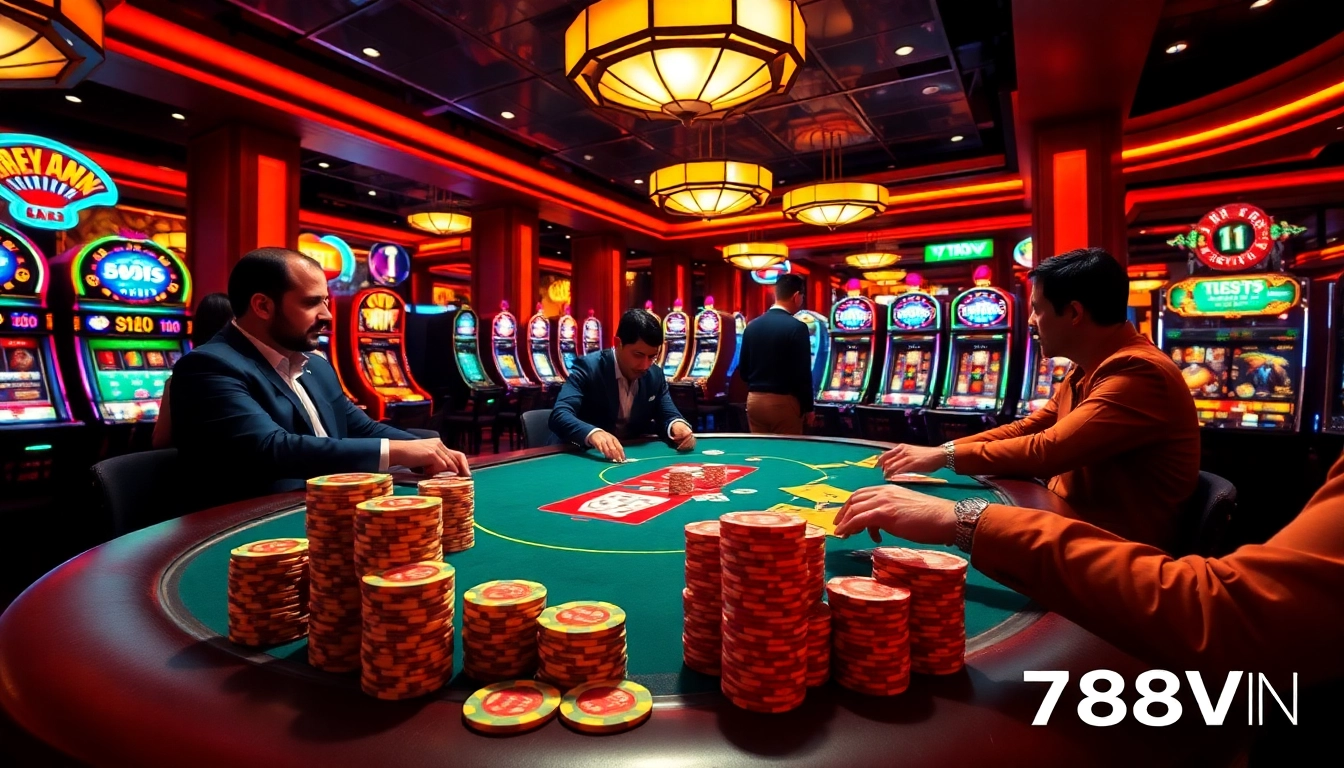 Engaged players at a poker table with 789VN logo, representing the excitement of online casino gaming.