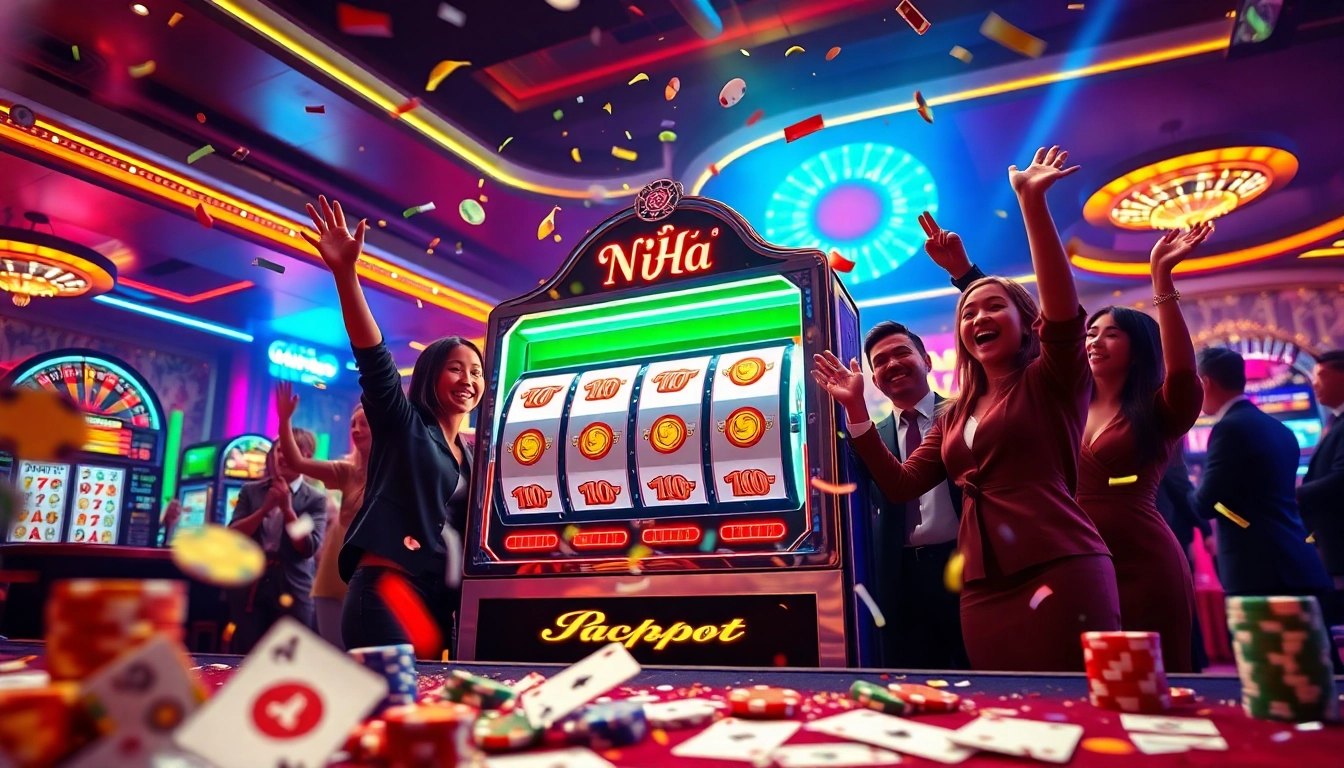 Celebrate a jackpot win at a vibrant nổ hũ slot machine in a luxurious casino.