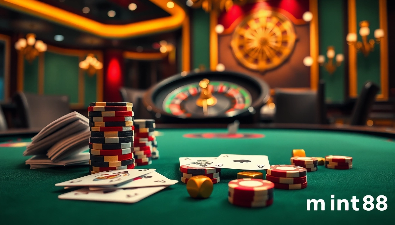 Engage with mint88 poker action at a luxury casino table filled with colorful chips and cards.