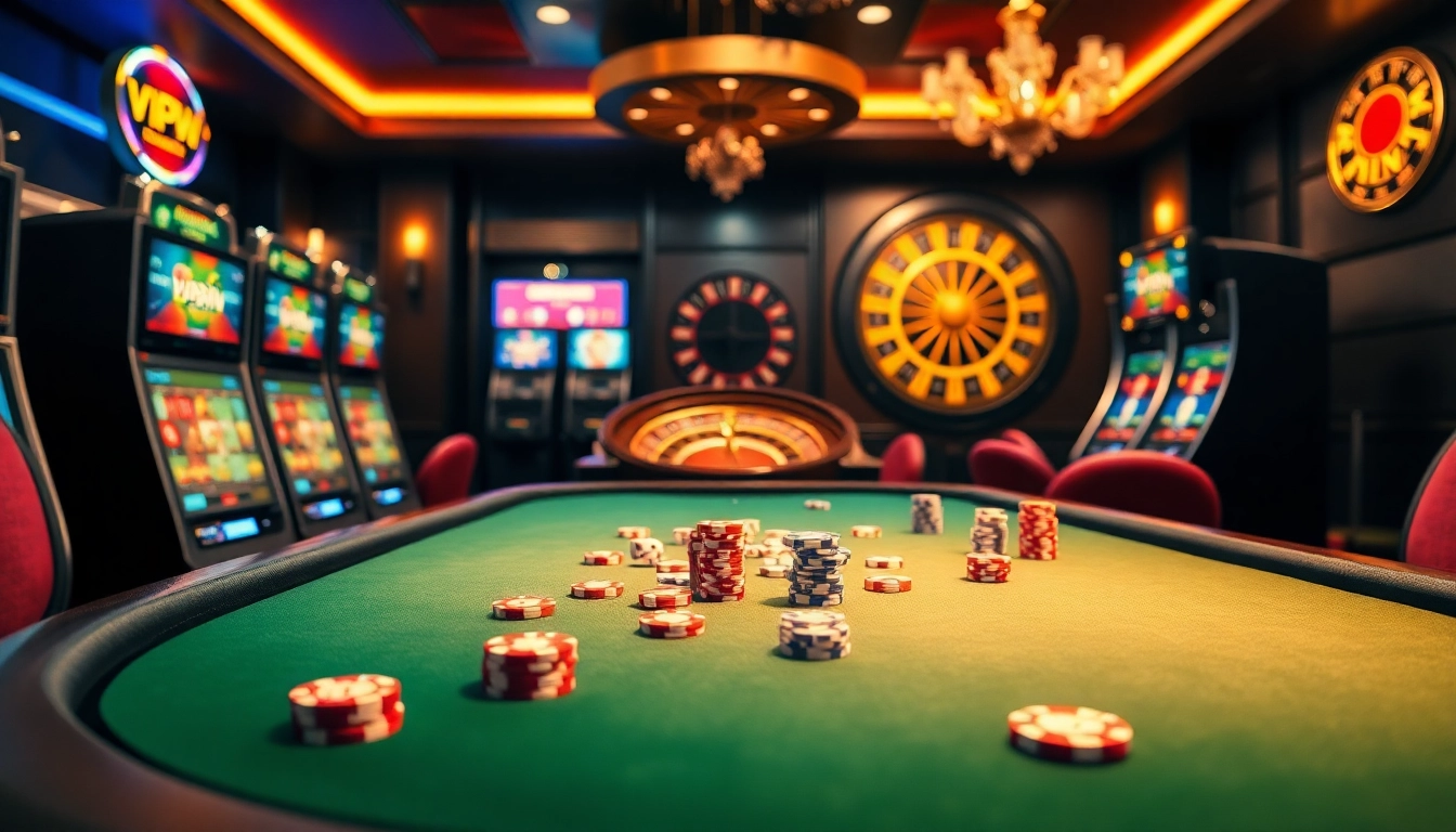 Experience the thrill of vipwin at a luxurious casino with poker tables and vibrant slot machines.