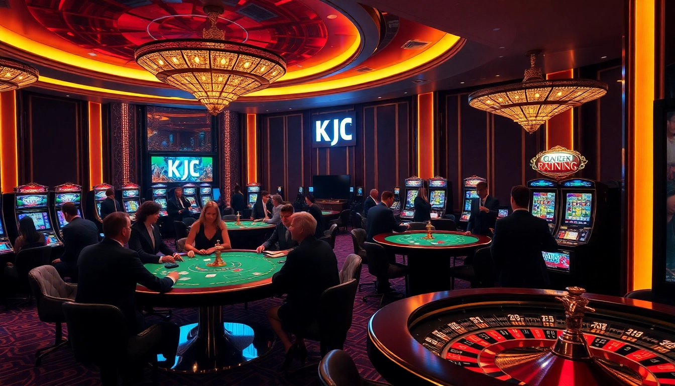 KJC branding shines in a glamorous casino scene with players at poker and blackjack tables.