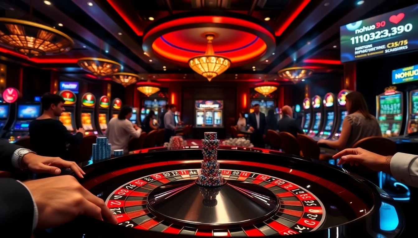 Nohu90 players enjoying a thrilling casino roulette experience with vibrant decor and engaging atmosphere.