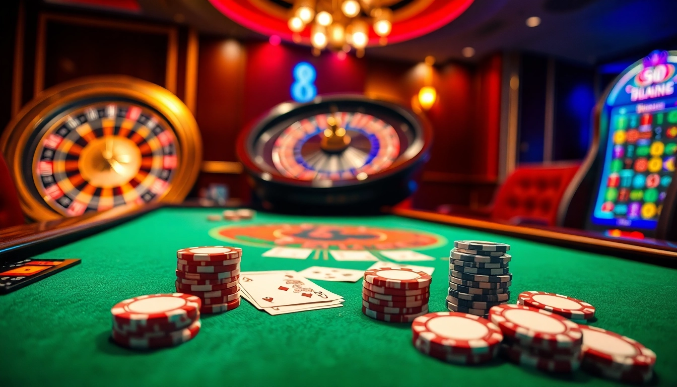 Experience thrilling gameplay at s8 com with this luxurious casino scene featuring poker, roulette, and slot machines.