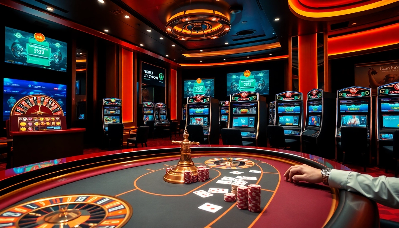 Cazinouri online Germania cu o scenă de cazinou luxoasă, cu roți de ruletă, aparate de sloturi și interfețe de jocuri digitale.