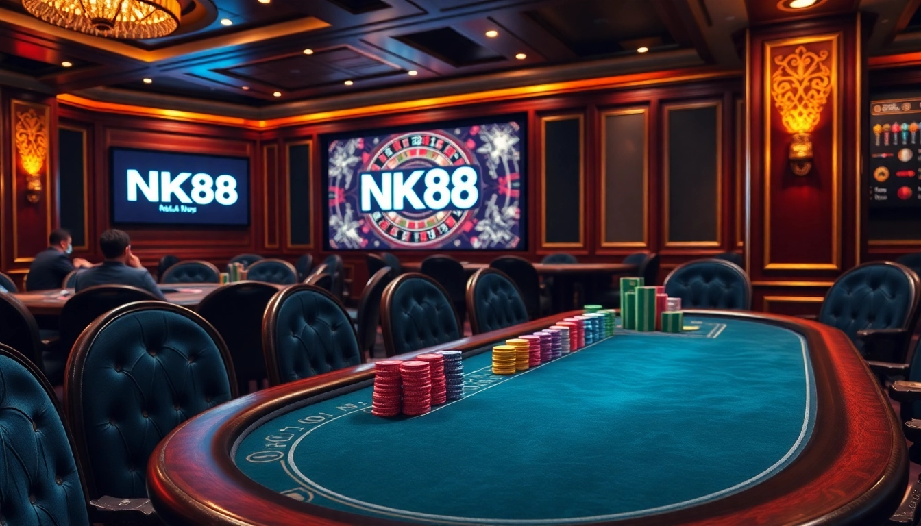 NK88 casino scene with a poker game, roulette wheel, and vibrant atmosphere.