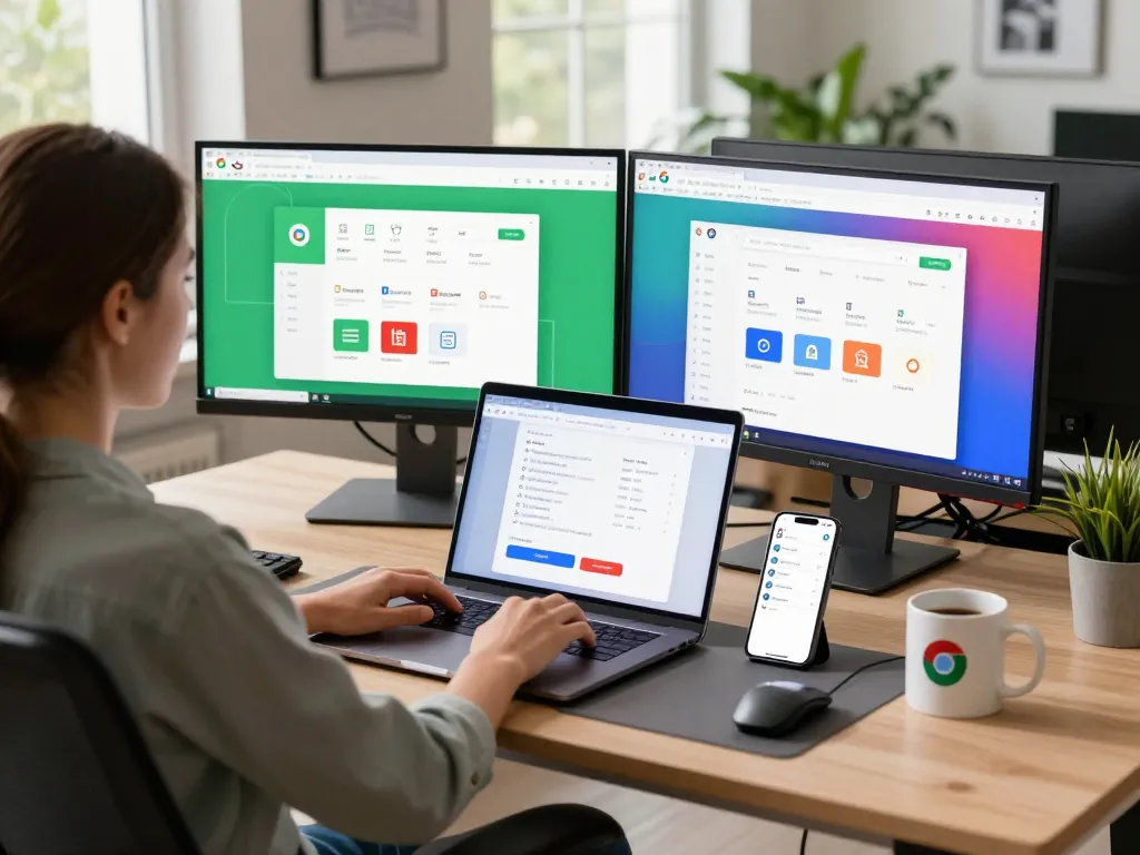 用户在现代工作空间中探索谷歌浏览器功能，周围有时尚的小工具。